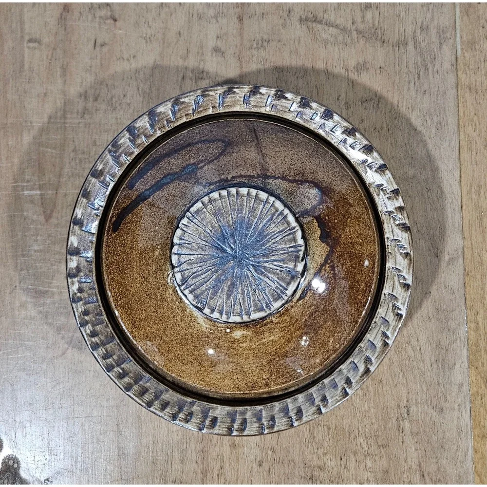 BP Malta Studio Pottery Lidded Casserole Dish Brown Glazed Sunburst Vintage
